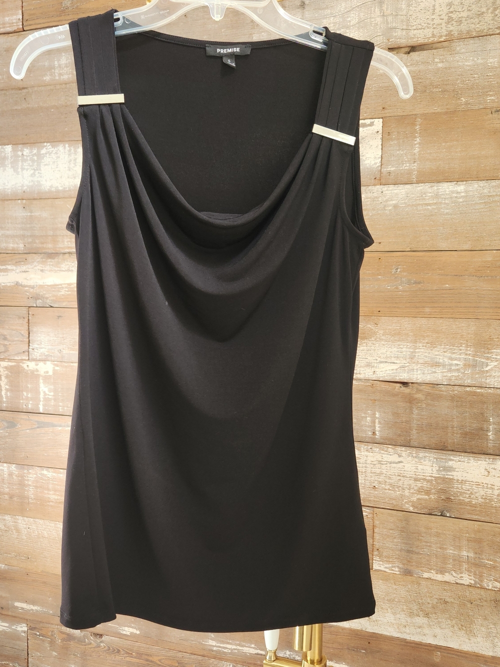 Premise Black Cowl Neck Sleeveless Camisole with Metallic Strap Accents